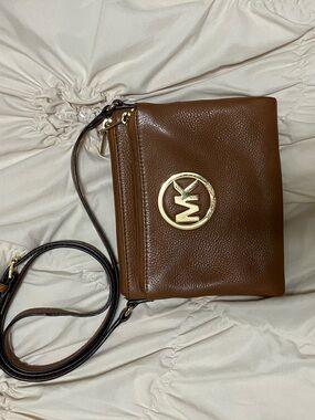 Michael Kors Brown Pebbled Leather Crossbody with Gold MK Emblem